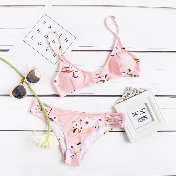 

Floral Print Top With Crisscross Bikini Set