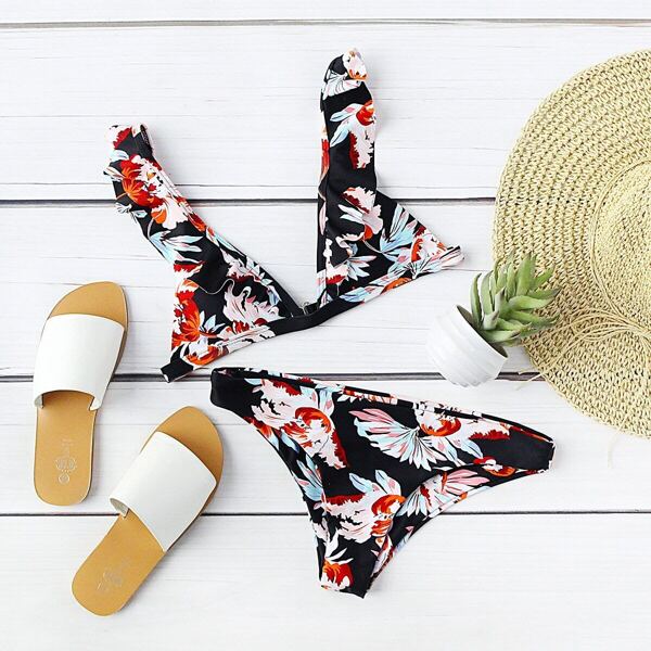 

Floral Print Ruffle Bikini Set