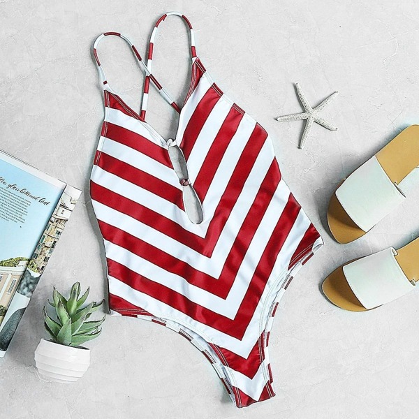 

Red White Chevron Print Plunge Neck Crisscross Swimsuit