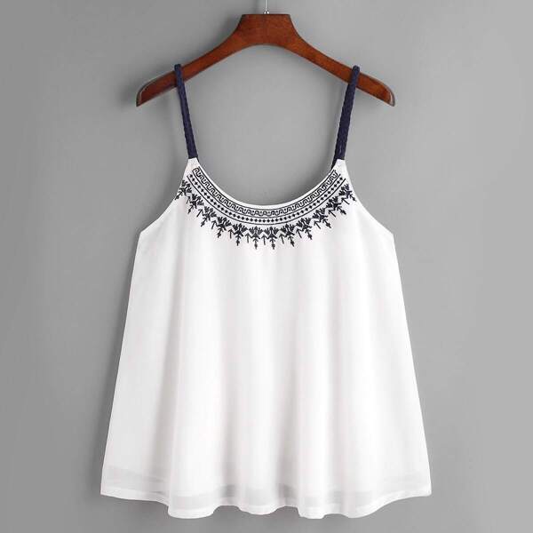 

Embroidered Contrast Braided Strap Pleated Cami Top, White
