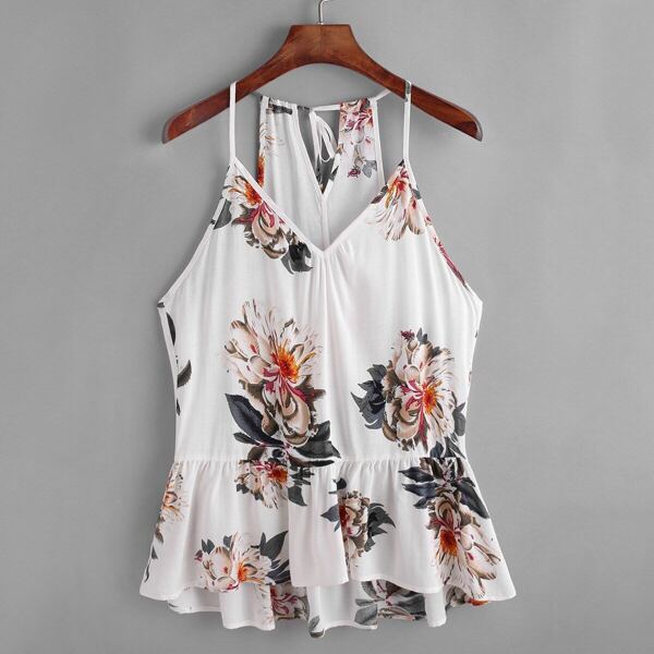 

Large Floral Print Tie Back Peplum Cami Top, Multicolor