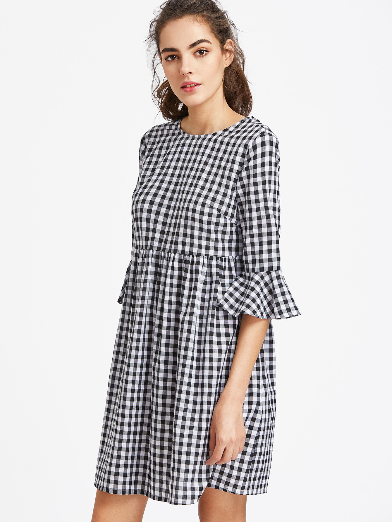 Bow Tie Open Back Fluted Sleeve High Waist Gingham Dress -SheIn(Sheinside)