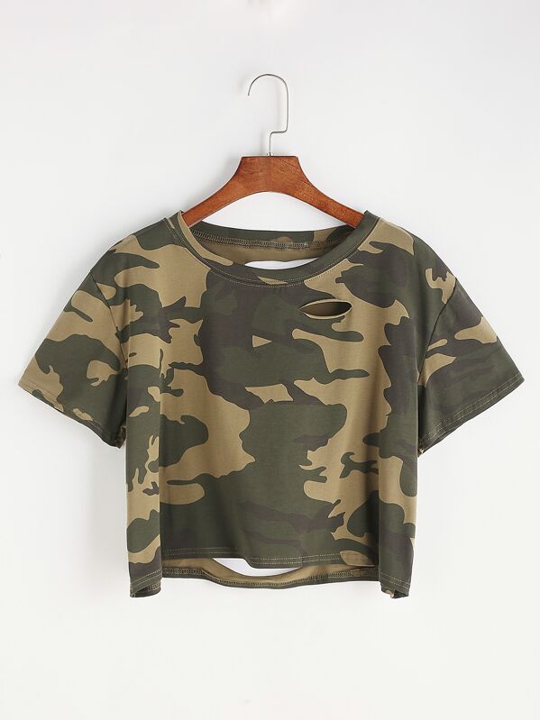 

Camo Print Ripped Tee, null