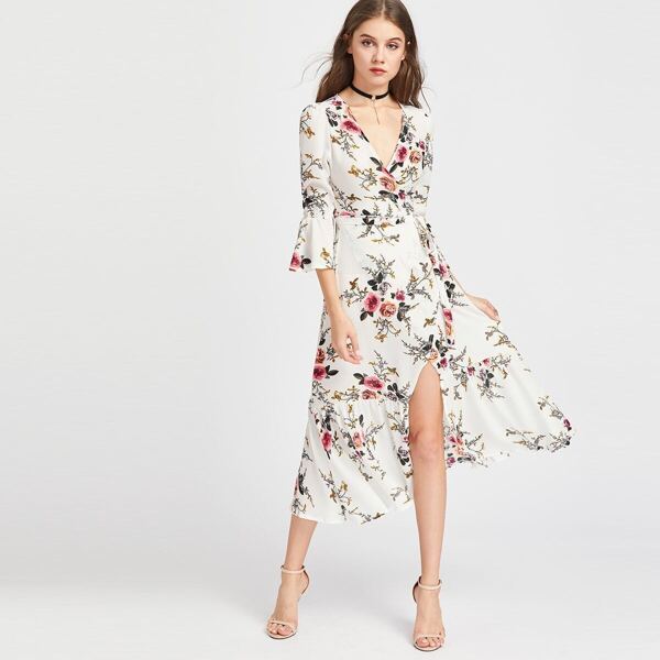 

Surplice Wrap Plunging Floral Midi Dress, Multicolor