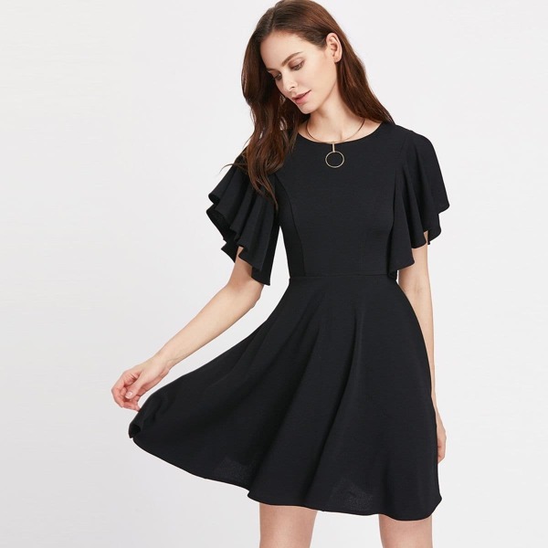 

Princess Seam Flutter Sleeve Skater Dress, Black