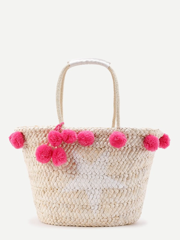 Pom Straw Tote Bag Shein Sheinside