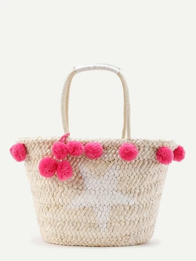 Borsa grande da spiaggia in paglia con pompon da donna Cosyres Borsa grande da spiaggia in paglia con pompon da donna Cosyres