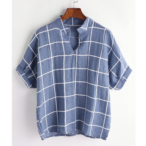 

Stand Collar Dip Hem Check Blouse, Dusty blue