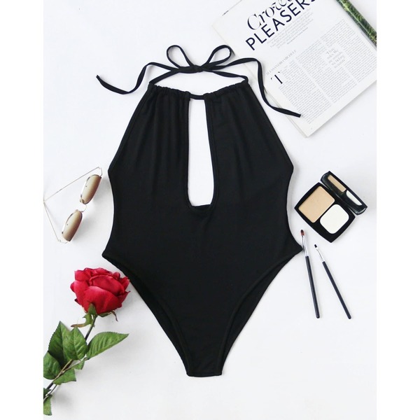 Plunging V Neckline Tie Neck Back Bodysuit, Black