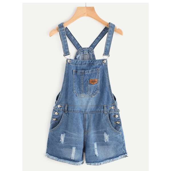 

Distressed Raw Hem Denim Overall Romper, Blue