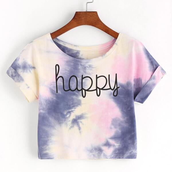 

Tie Dye Letter Print Crop T-shirt, Multicolor