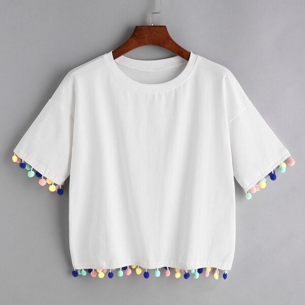 

Drop Shoulder Pom Pom Hem Tee, White