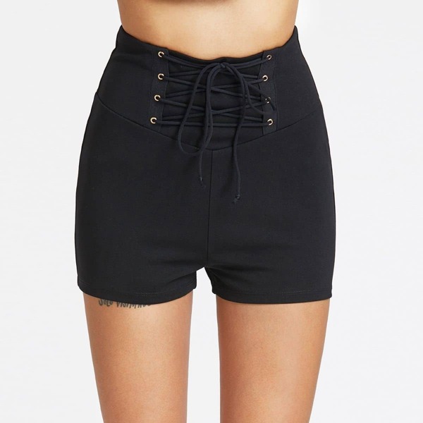 

Lace Up Wide Waistband Zip Back Tailored Shorts, Black