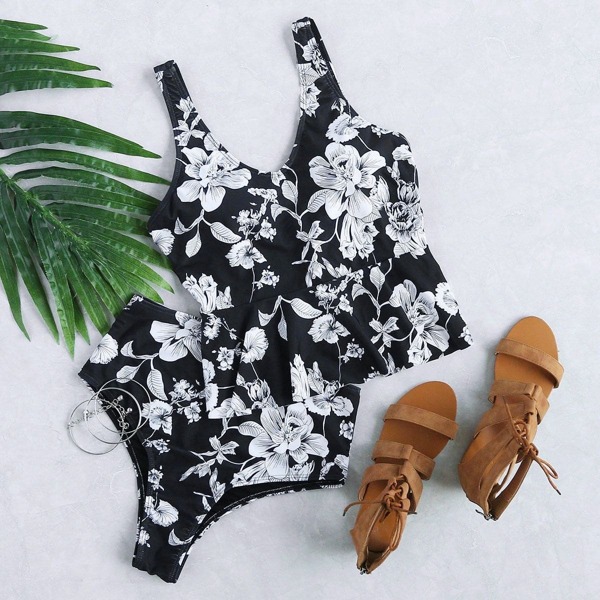 

Flower Print Ruffle Hem High Waist Tankini Set