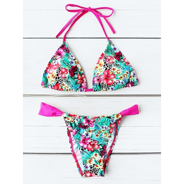 

Calico Print Triangle Bikini Set, Multicolor