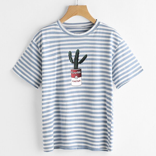 

Contrast Striped Cactus Print Casual T-shirt
