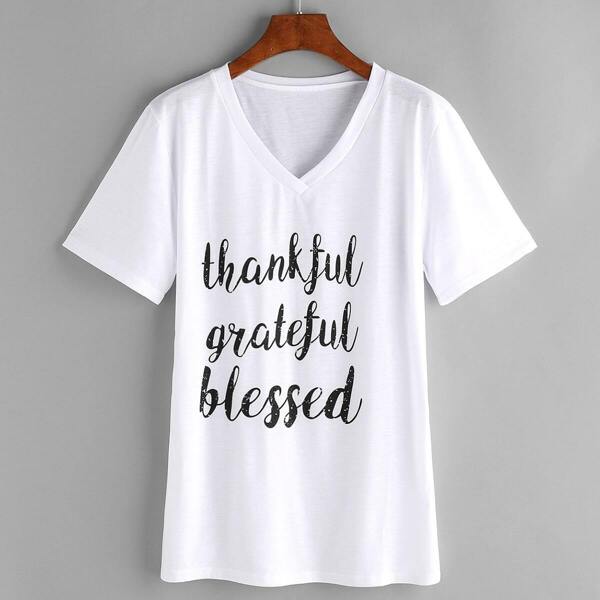 

V-neckline Slogan Print Tshirt, White