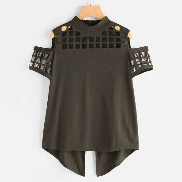 

Cold Shoulder Laser Cut Out Slit Back Tee, Army green