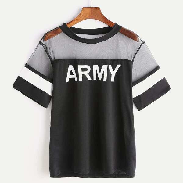 

Army Print Mesh Yoke Tee, Black