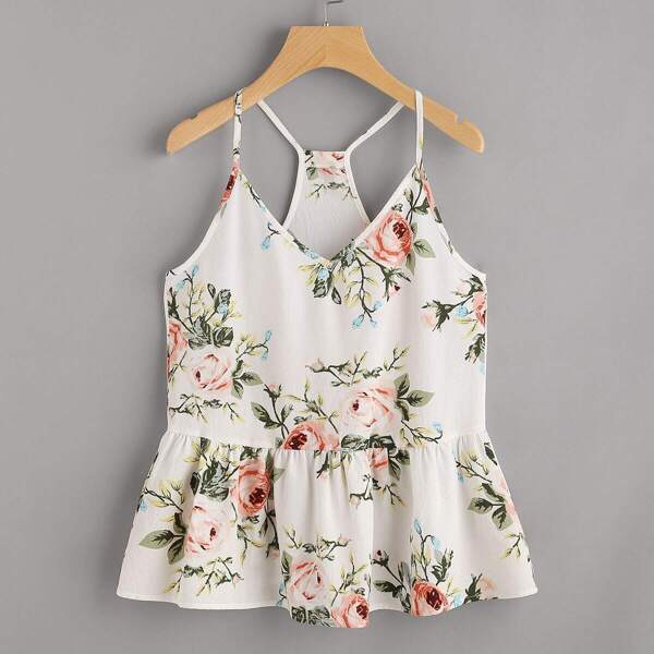 

Rose Cluster Print Peplum Racerback Cami Top