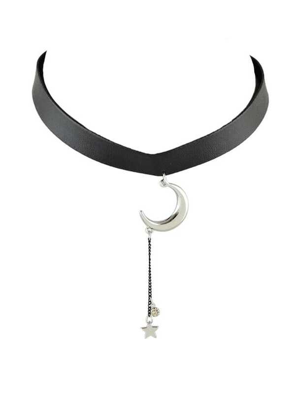 Silver Color Trendy Moon Star Pendant Black Leather Choker Necklaces Silver Color Trendy Moon Star Pendant Black Leather Choker Necklaces Shein