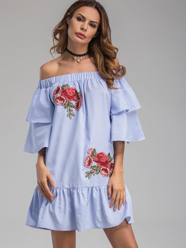 Bardot Neckline Striped Flower Patches Frill Dress Shein Sheinside