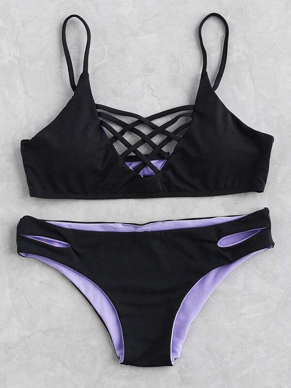 

Criss Cross Front Side Cutout Bikini Set, Black