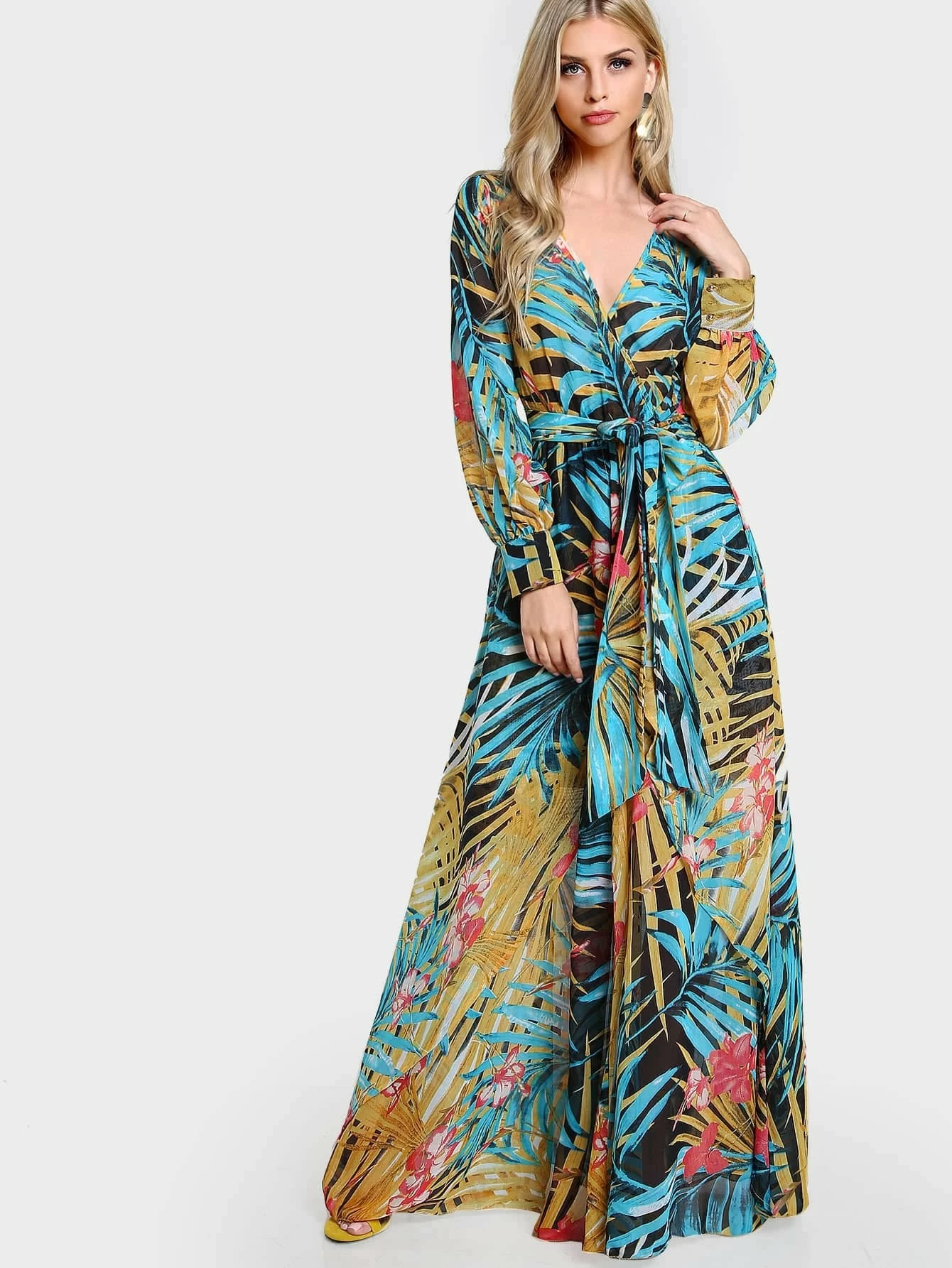 Long Sleeve Tropical Print Maxi Dress ...