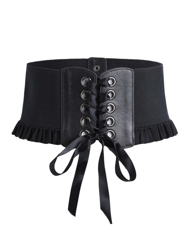 

Frill Trim Eyelet Lace Up Corset Belt, Black