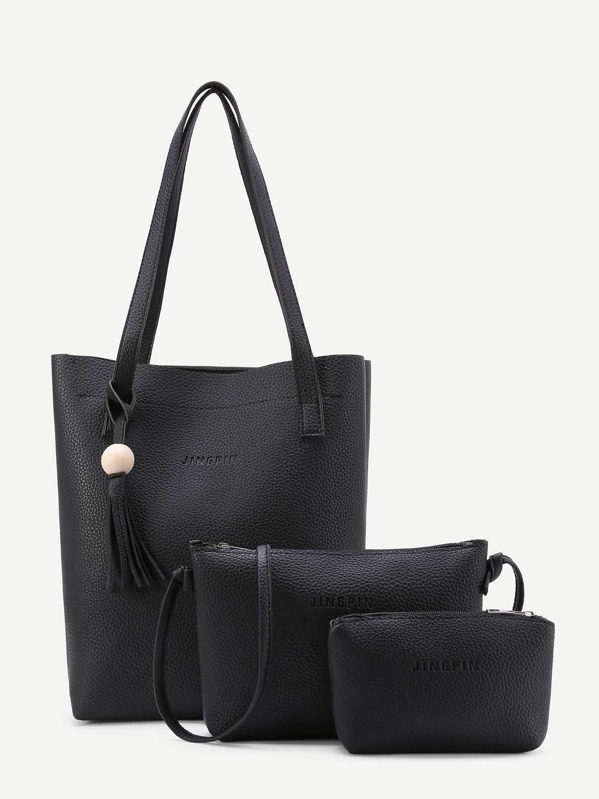

Fringe Detail PU Bag Set 3pcs, Black