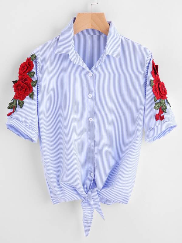 

Embroidered Appliques Pinstripe Knot Hem Blouse, Blue