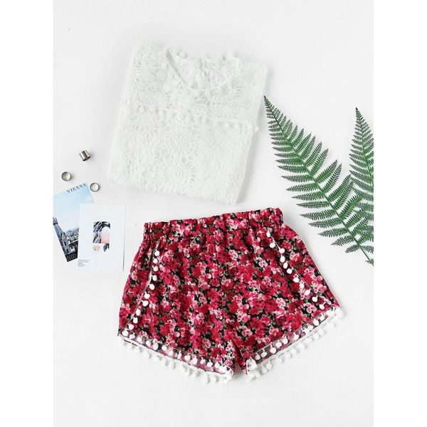 

Ditsy Print Pom Pom Trim Wrap Shorts