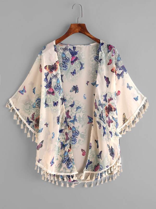 

Butterfly Print Fringe Trim Top, Multicolor