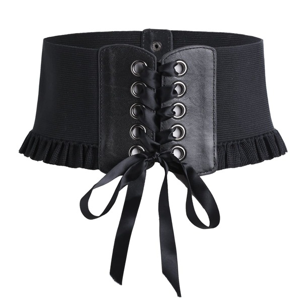 

Frill Trim Eyelet Lace Up Corset Belt, Black
