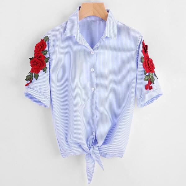 

Embroidered Appliques Pinstripe Knot Hem Blouse, Blue