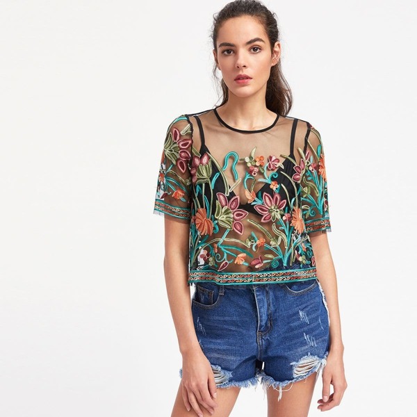 

Floral Embroidered Mesh Crop Top