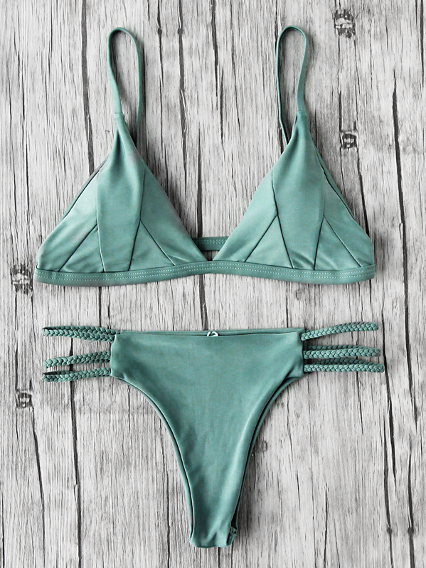 

Braided Strap Side Cutout Seam Bikini Set, Army green