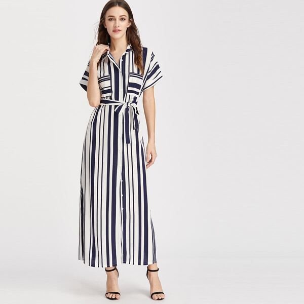 

Striped Self Tie Shirt Dress, Multicolor