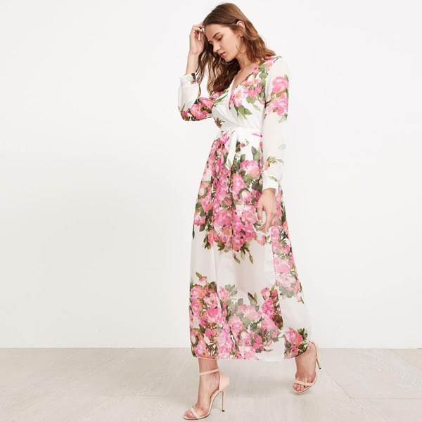 

Surplice Floral Self Tie Chiffon Maxi Dress, Multicolor