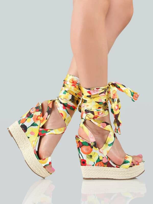 yellow lace up wedges