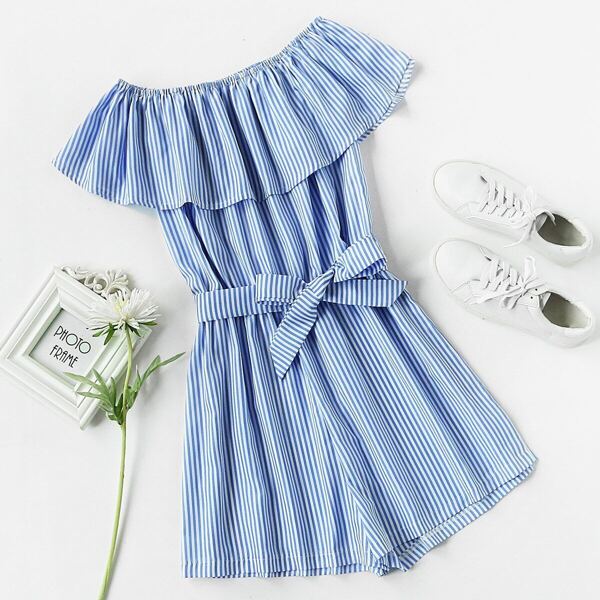 

Off Shoulder Self Tie Striped Romper, Blue
