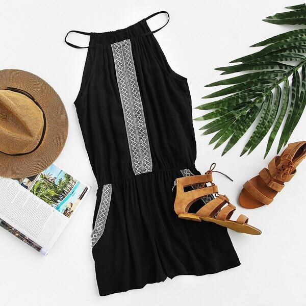 

Embroidered Tape Detail Romper, Black