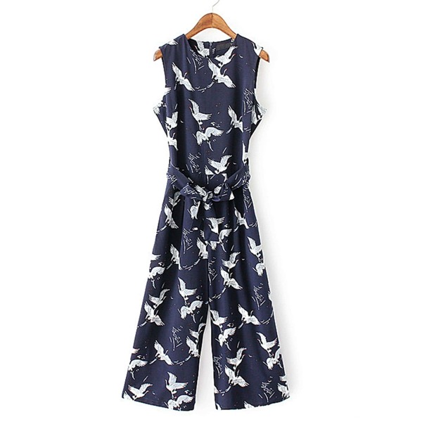 

Cranes Print Tie Waist Zip Back Jumpsuit