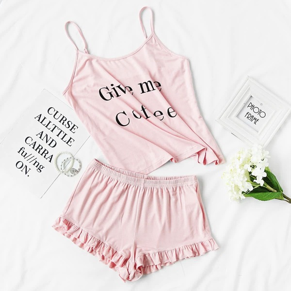 

Letter Print Cami And Ruffle Shorts Pajama Set, Pink