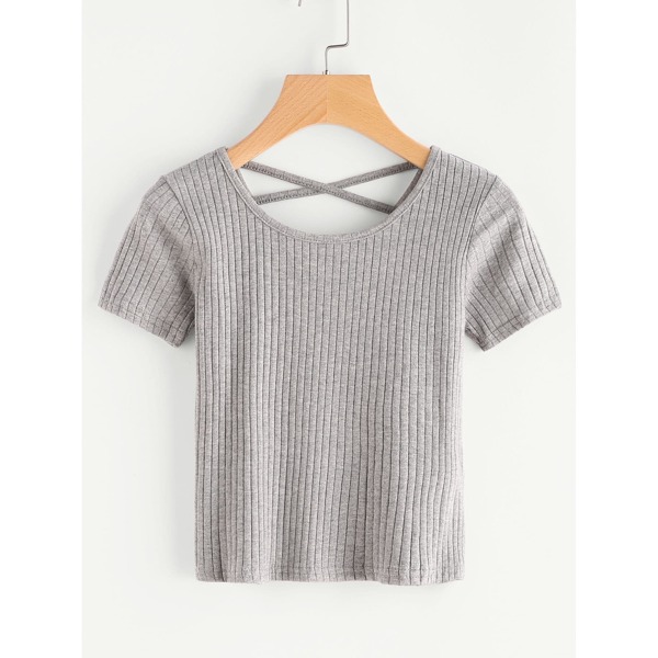 

Criss Cross Back Ribbed Tee, Grey