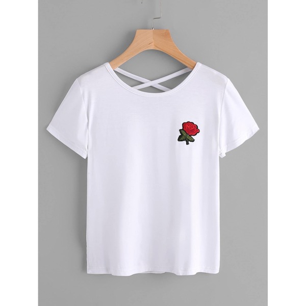 

Rose Embroidered Patch Criss Cross Back Tee, White