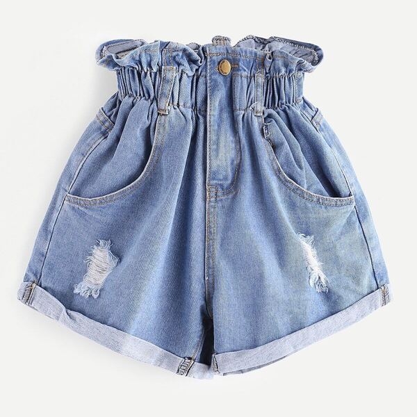 

Shirred Frill Trim Ripped Rolled Hem Denim Shorts, Blue