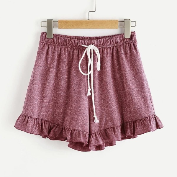 

Marled Knit Drawstring Waist Frilled Sweat Shorts, Burgundy