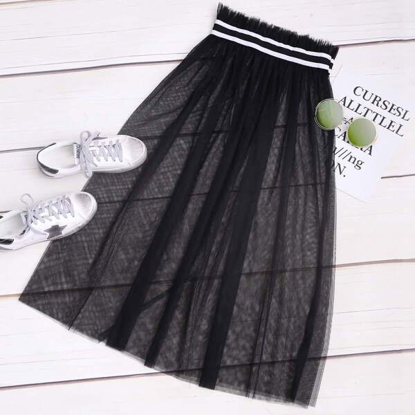 

Contrast Tape Frill Waist Tulle Skirt, Black
