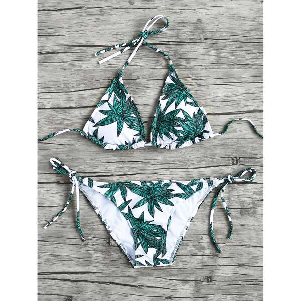 

Leaf Print Halter Triangle Top With Tie Side Bikini, Multicolor